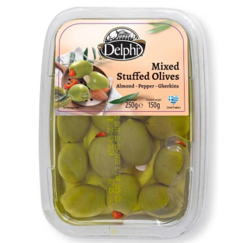 Оливки Delphi ассорти, фарш с миндалем, пастой из перца с корнишонами в рассоле, 250г