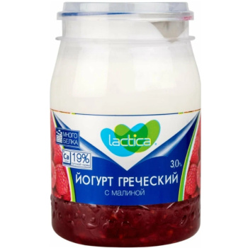 Йогурт греческий Lactica с малиной пэт-банка 3% БЗМЖ, 190г