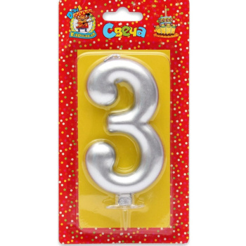 Свеча для торта Цифра 3, Серебряный металлик большая 