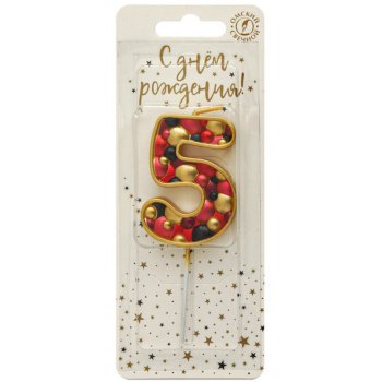 Свеча тортовая маленькая пузырьки 5, золото 