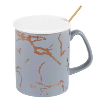 Кружка с крышкой и ложкой Серый мрамор,серая, 380 мл 