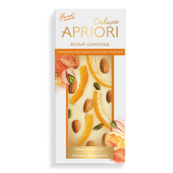 Шоколад Apriori белый с миндалём, фисташкой и цукатами апельсина, 85г