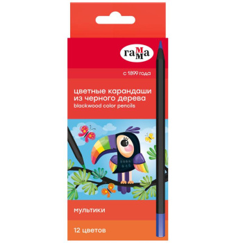 Карандаши цветные Гамма Мультики, 12 цветов, черное дерево, заточенные