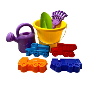 Песочный набор №57 (ведро бол., совочек №5, грабли №5, 4 форм. грузовички, 15618