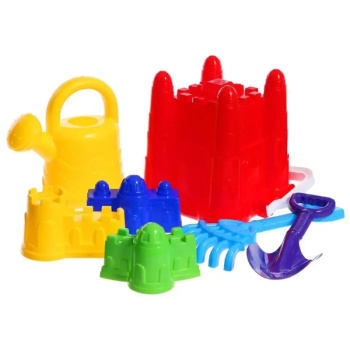 Песочный набор №29 (ведро-крепость, совок, грабли, 3 формочки крепость, лейка)