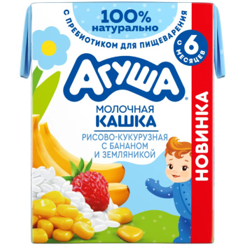 Каша Агуша молочная рисово-кукурузная с Бананом и Земляникой, 200мл