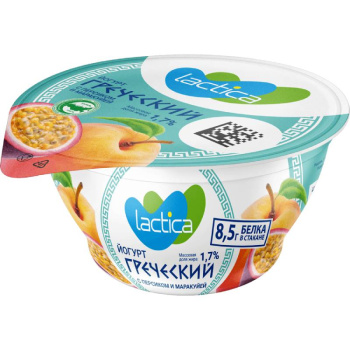 Йогурт двухслойный греческий Lactica с персиком и маракуйей 1,7% БЗМЖ, 130г 