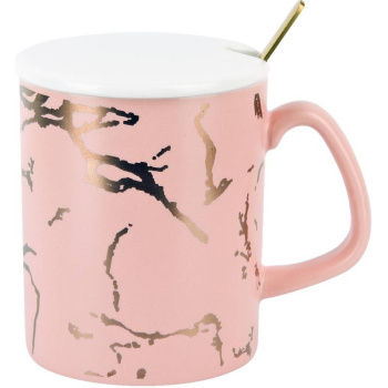 Кружка с крышкой и ложкой Розовый мрамор, розовая, 380мл