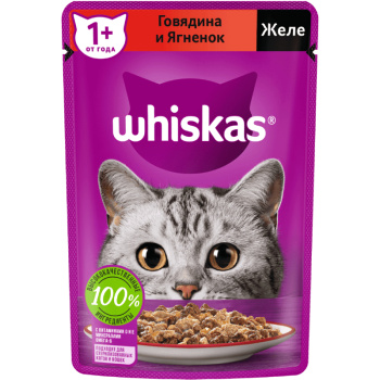 Влажный корм Whiskas для кошек кусочки в желе с говядиной и ягненком, 75г