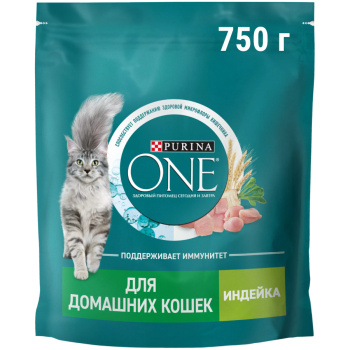 Сухой корм Purina ONE для домашних кошек с индейкой и цельными злаками, 750г