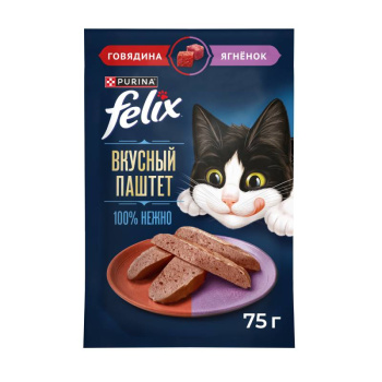 Влажный корм для кошек Felix паштет говядина и ягненок, 75г 